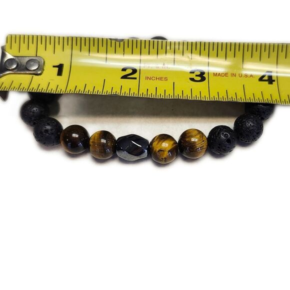 Men's black lava tiger eye stretch beaded bracelet, New in package - Picture 2 of 2